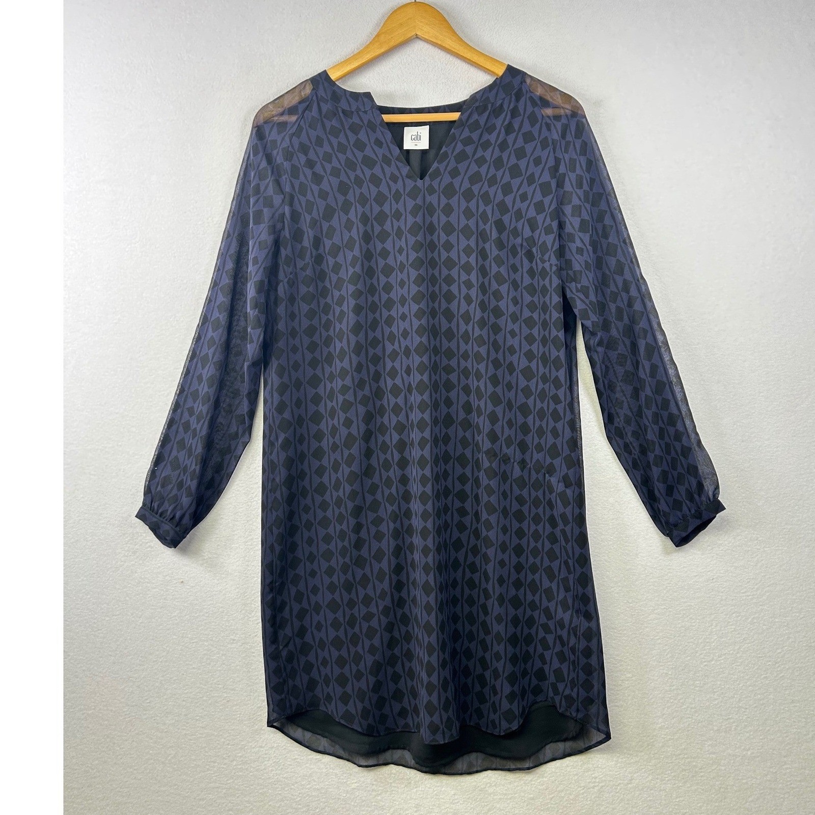 Cabi Geometric Print V Neck Long Sleeve Sheer Overlay Dress XS