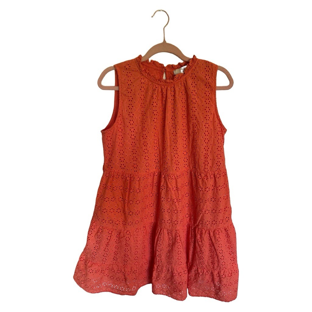 LOFT Eyelet Tiered Mini Dress Womens L Rust Orange Sleeveless Cottagecore Boho