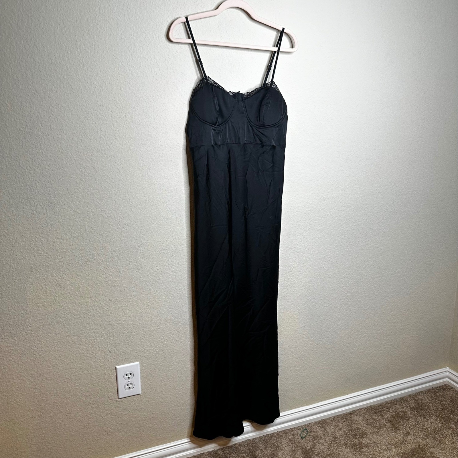 Wild Fable Black Satin Bustier Maxi Dress Lace Trim Side Slit Size M Goth Grunge