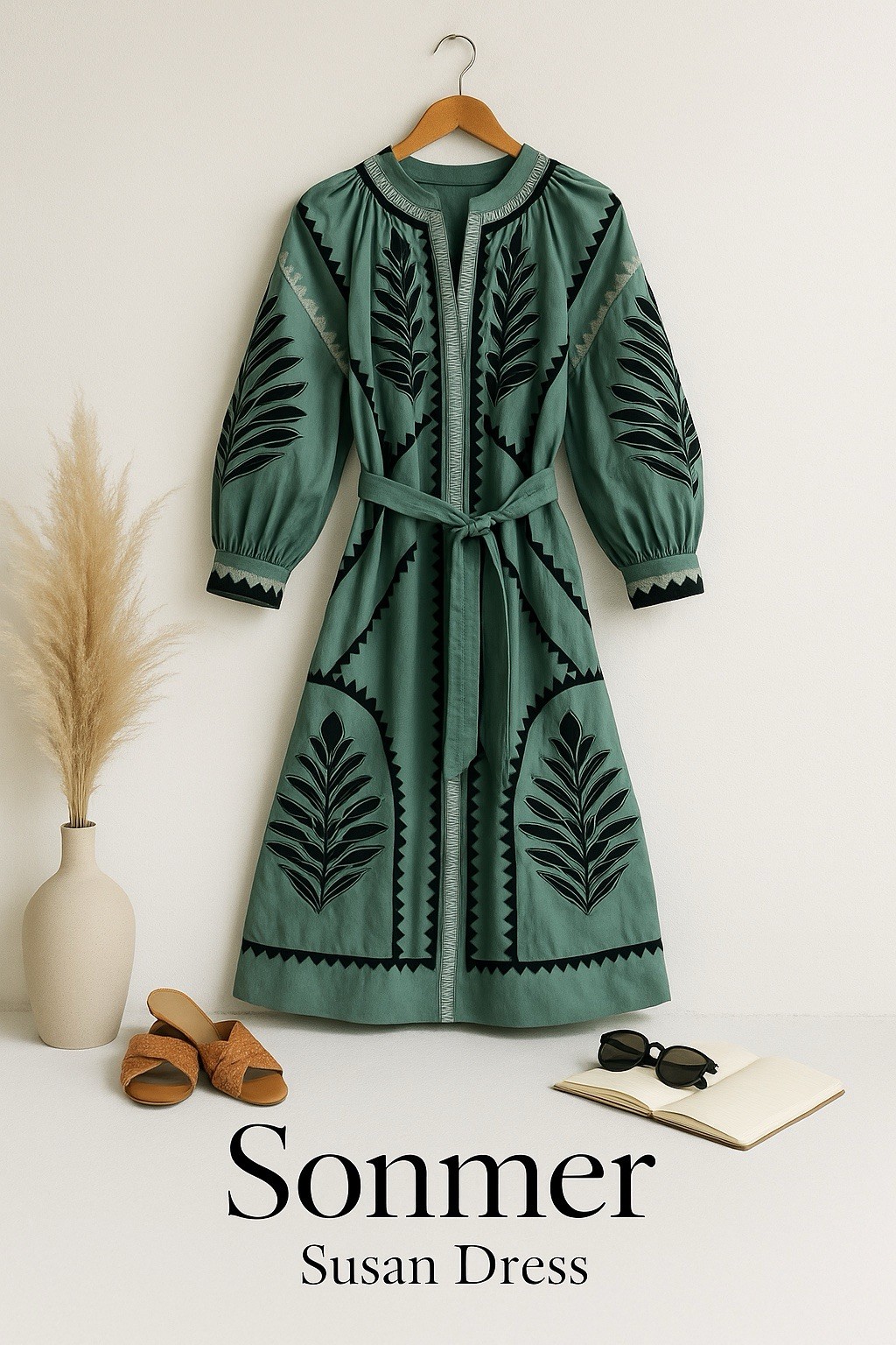 Sonmer Susan Dress Size S Boho Embroidered Long Sleeve Midi Green Black Spain