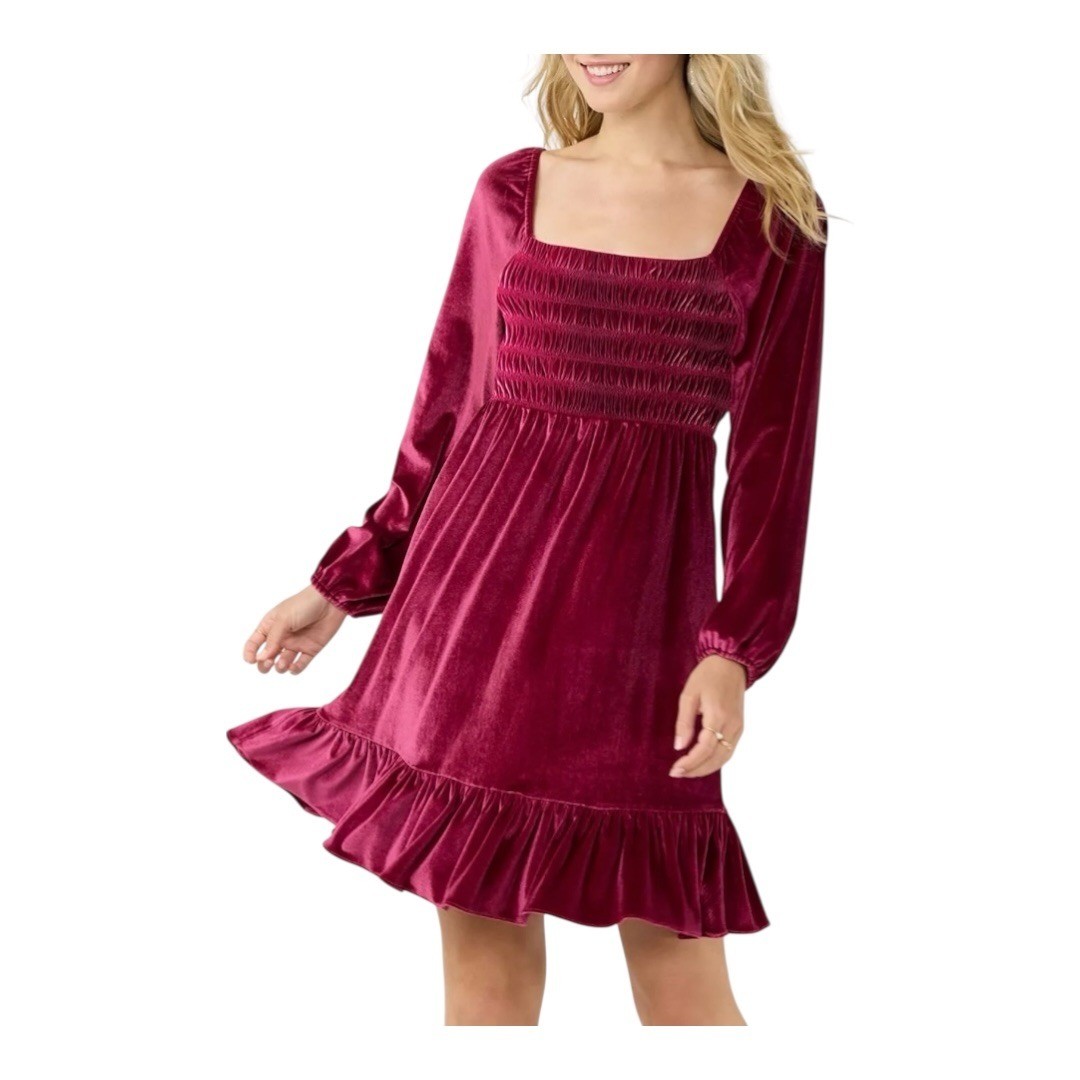 LC Lauren Conrad Velvet Mini Dress Large Wine Red Smocked Ruffle Long Sleeve