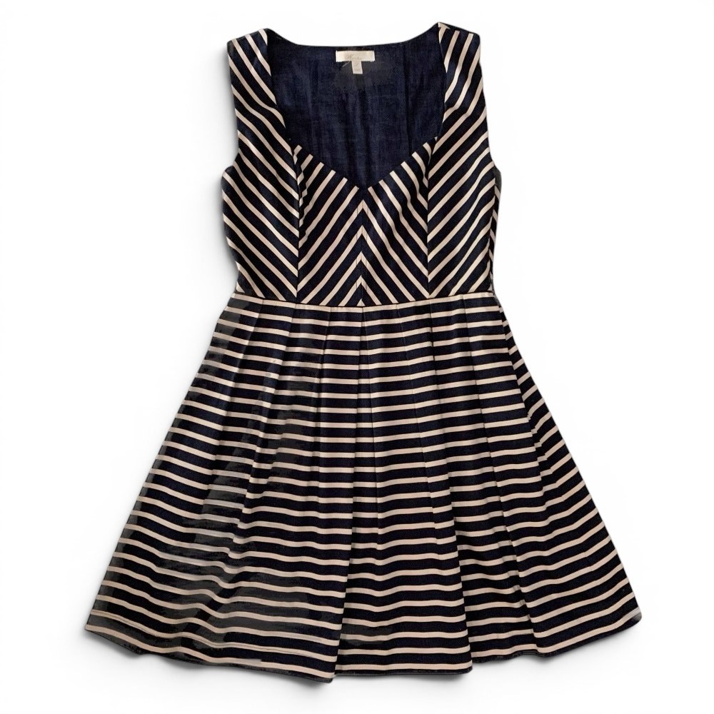 Monteau Chevron Striped Sleeveless Dress L Nautical Structured Preppy Navy Beige