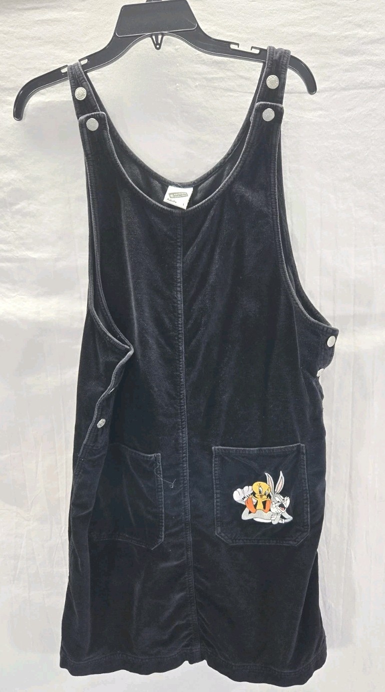 Vintage Y2K Looney Tunes Large Black Velvet Overall Dress Tweety Bugs Bunny