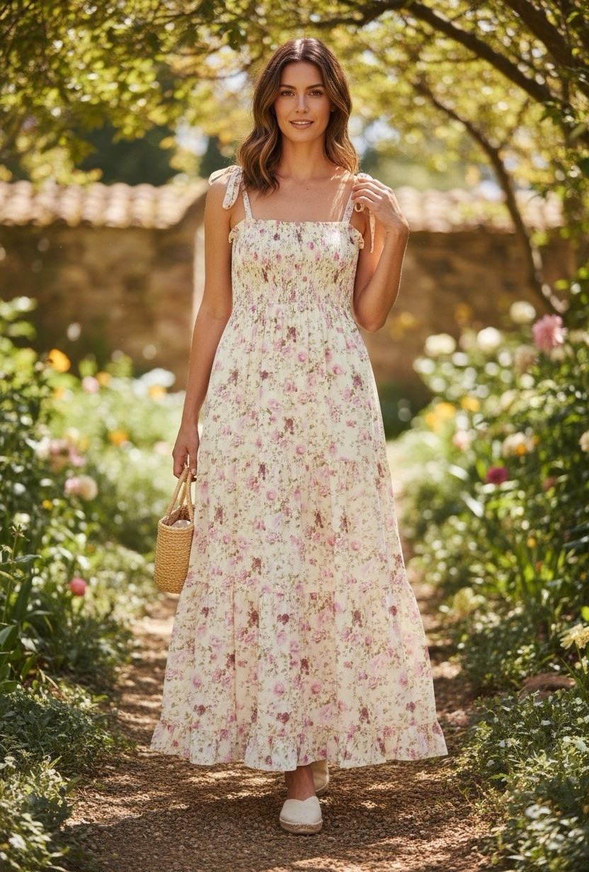 Pink Lily Ivory Pink Green Floral Smocked Square Neck Strappy Maxi Dress M