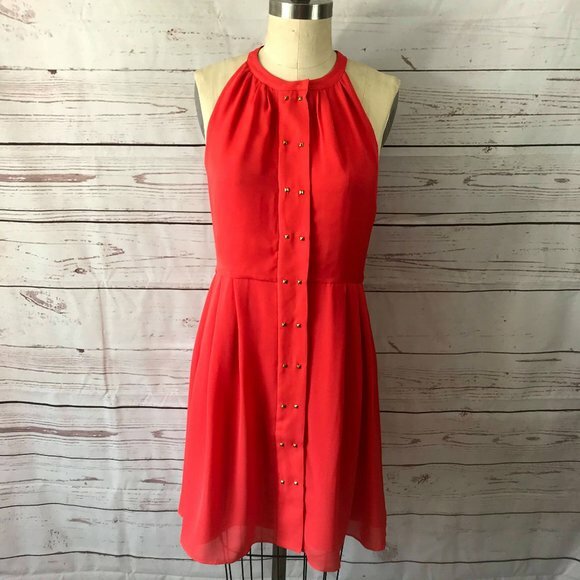 Parker NY Nicole Dress Womens Orange Silk Stud Front Sleeveless Semi Sheer