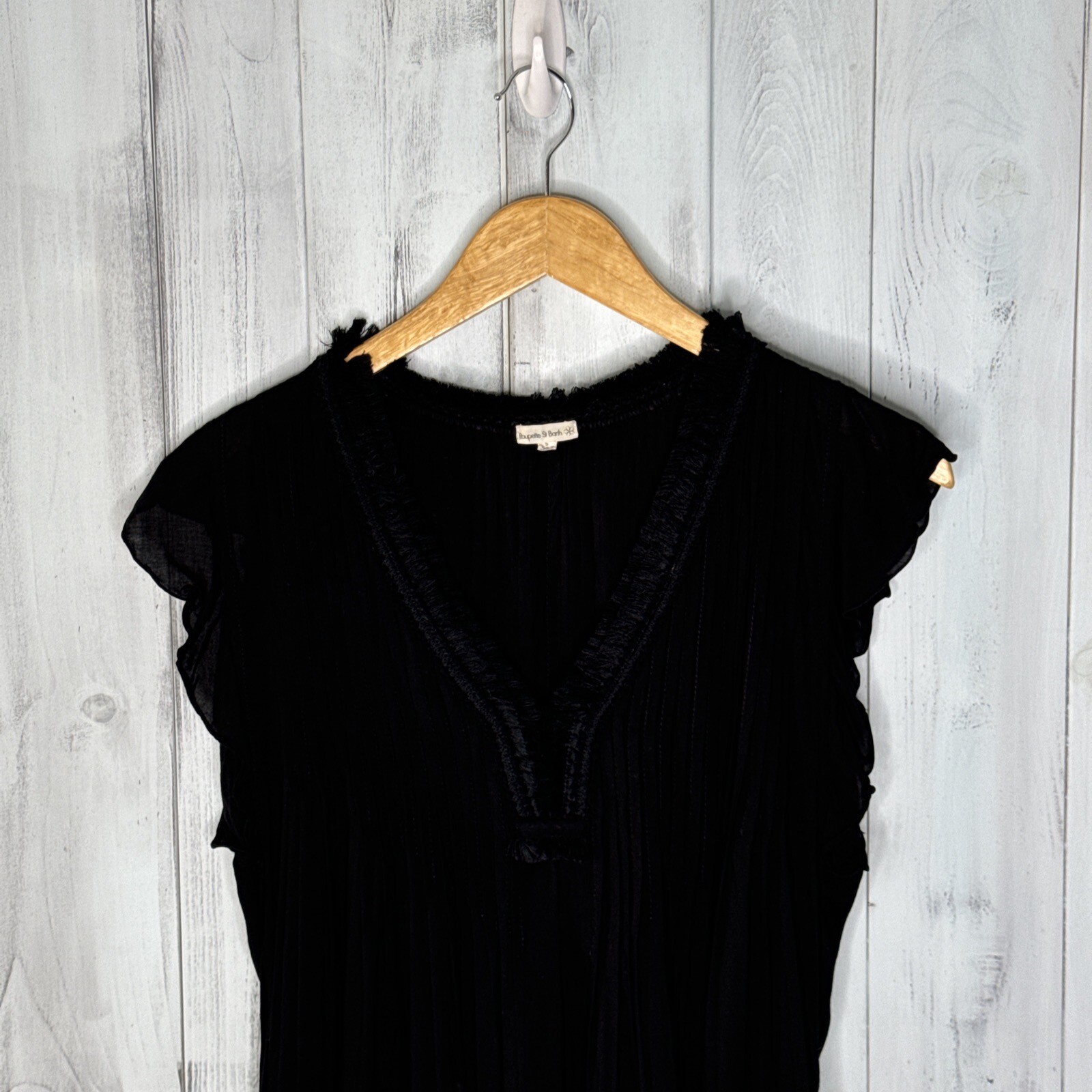 POUPETTE ST BARTH BLACK CROCHET SASHA PLEATED FLUTTER SLEEVE BOHO MINI DRESS S