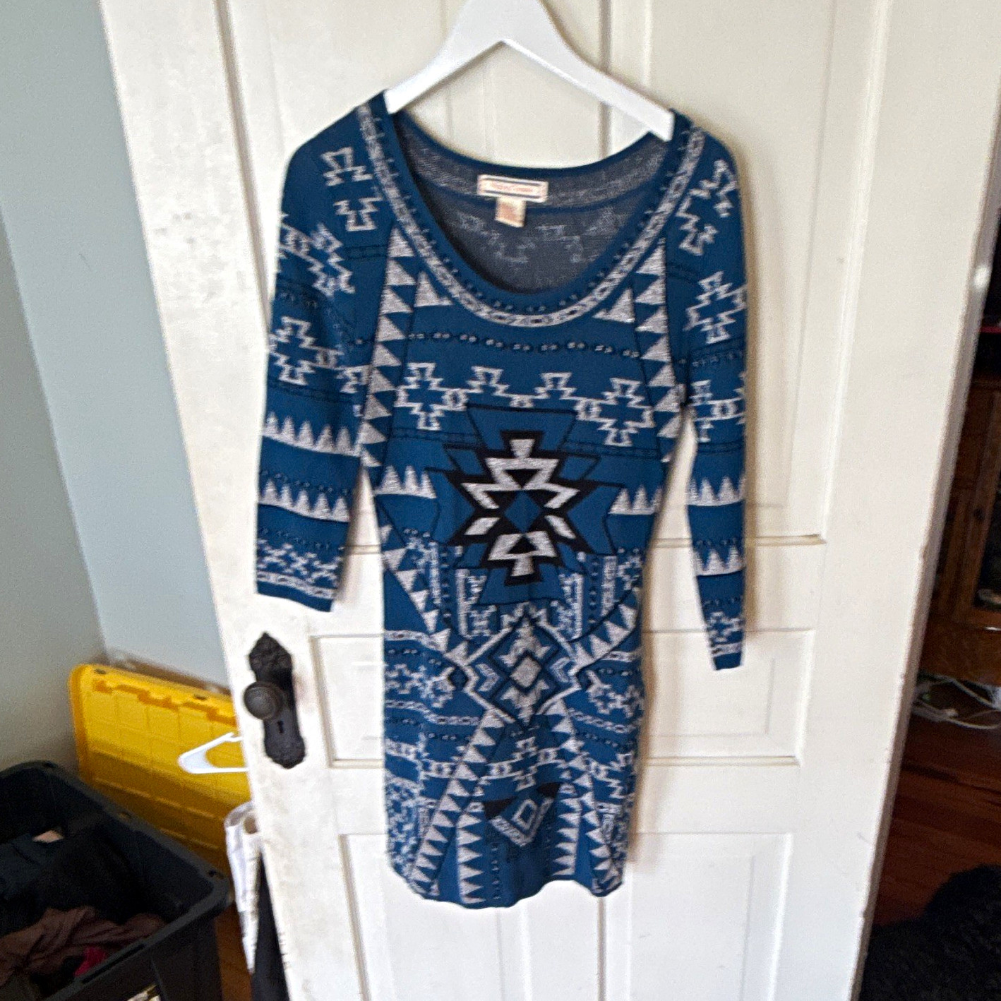Flying Tomato Blue Aztec Knit Beaded Scoop Neck 3/4 Sleeve Sweater Dress L