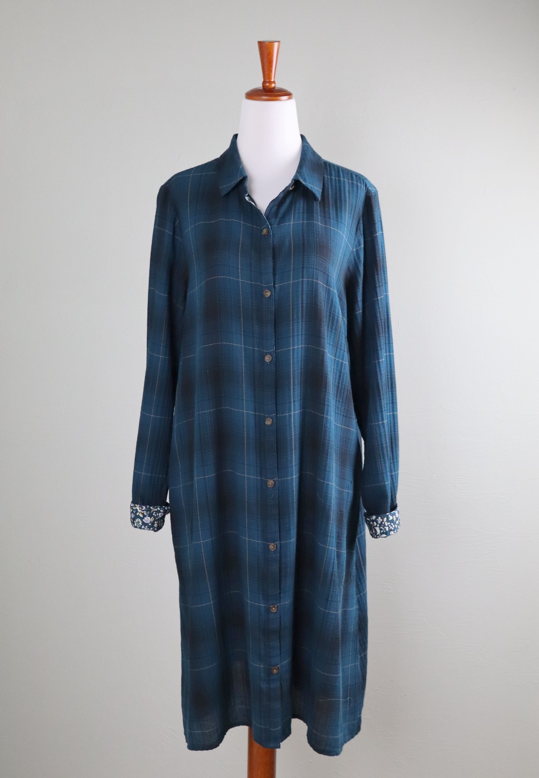 J.JILL NWT $89 Teal Plaid Print Cuffed Button Up Cotton Shirt Dress Size Medium