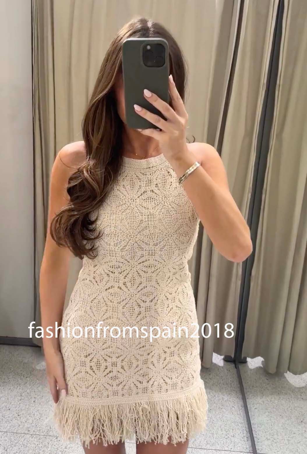 ZARA NEW WOMAN FRINGED CROCHET SHORT DRESS LIGHT BEIGE XS-XL 8741/035/052