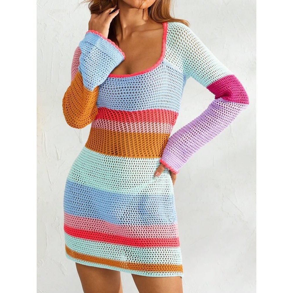 Multicolor Crochet Mini Dress Bell Sleeve Striped Open Knit Festival Boho M