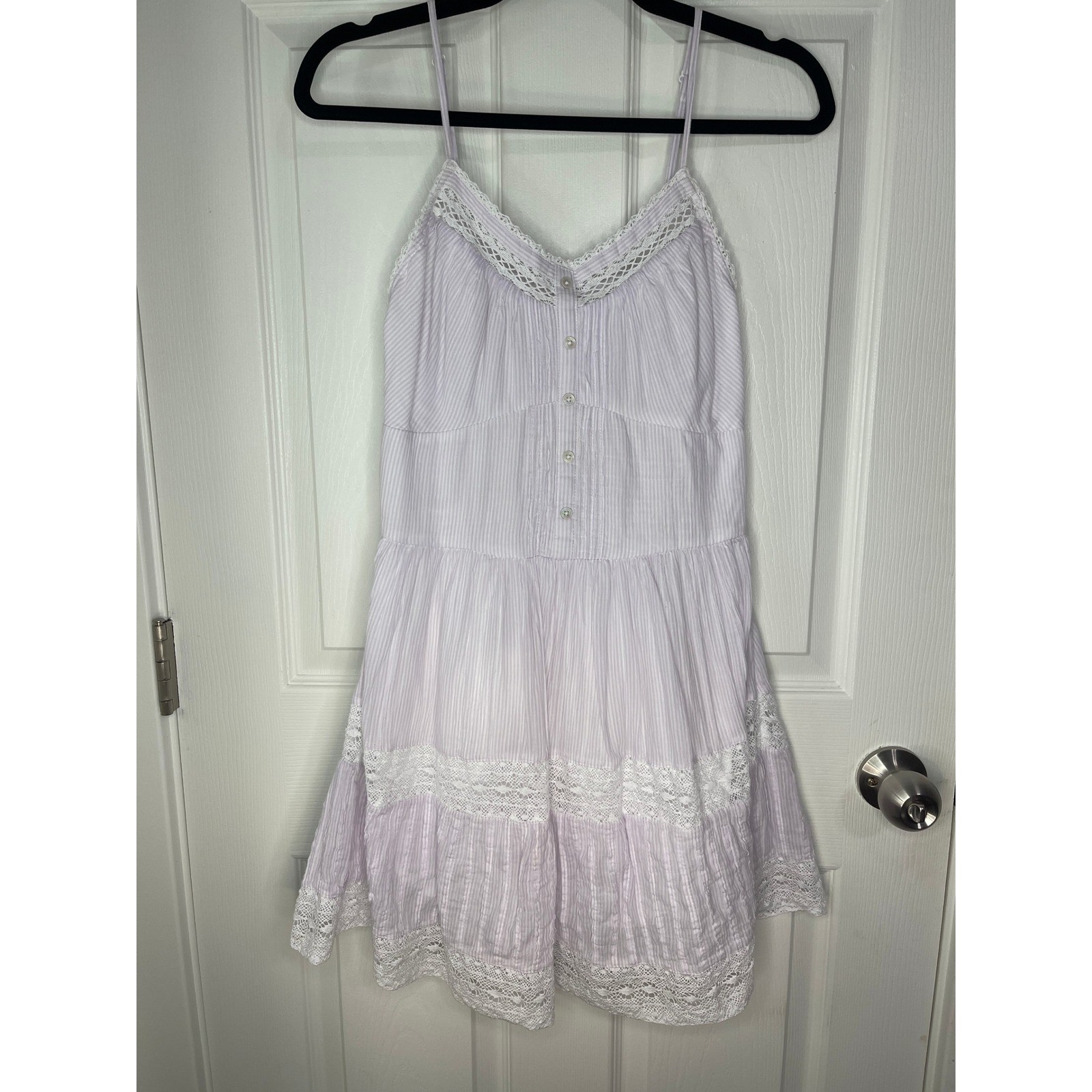 Aerie Mini Dress Lavender White Stripe Lace Trim Seersucker Cotton L