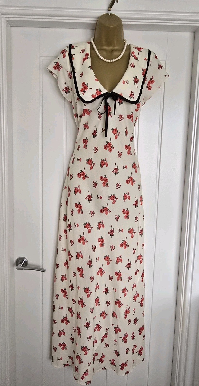 Vintage 1930s 1940s Style Cream Red Rose Holiday Midi Dress Size 14