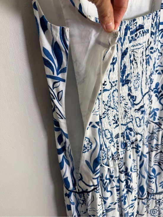 CeCe Ivory Blue Mediterranean Tile Print Tiered Maxi Dress Sz LARGE Rayon Linen