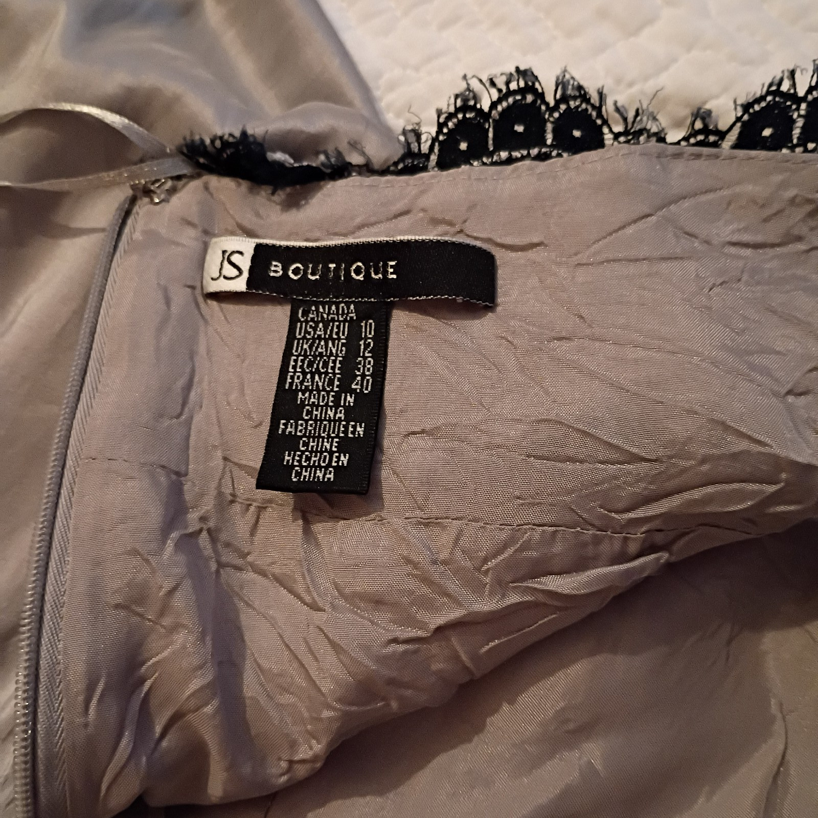 JS Boutique prom dress, silver & black, woman’s 10, halter neck, knee length