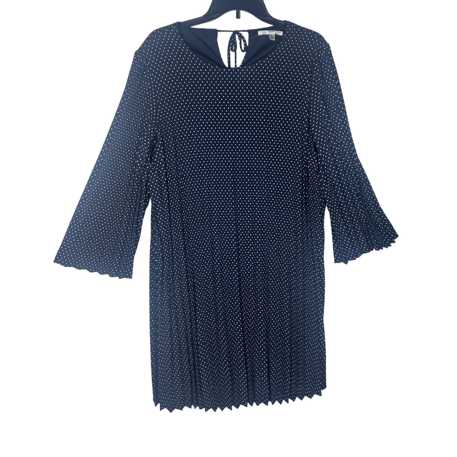 Studio One New York Polka Dot Dress Navy Blue LS Tie Neck Pleated Hem Large New