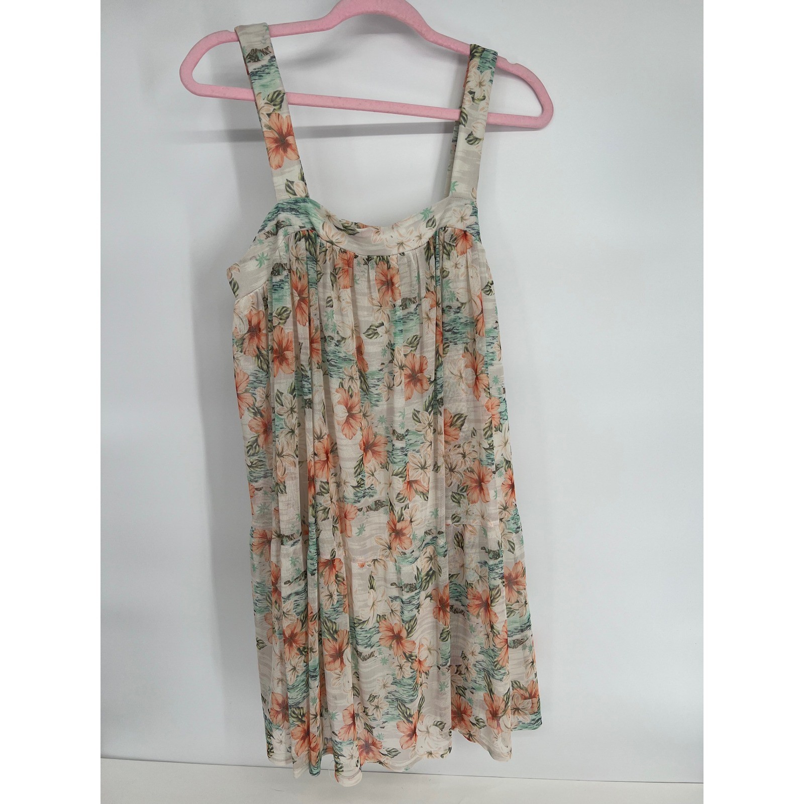 Love Fire Floral Mini Dress Large Tropical Hibiscus Tiered Summer Sleeveless