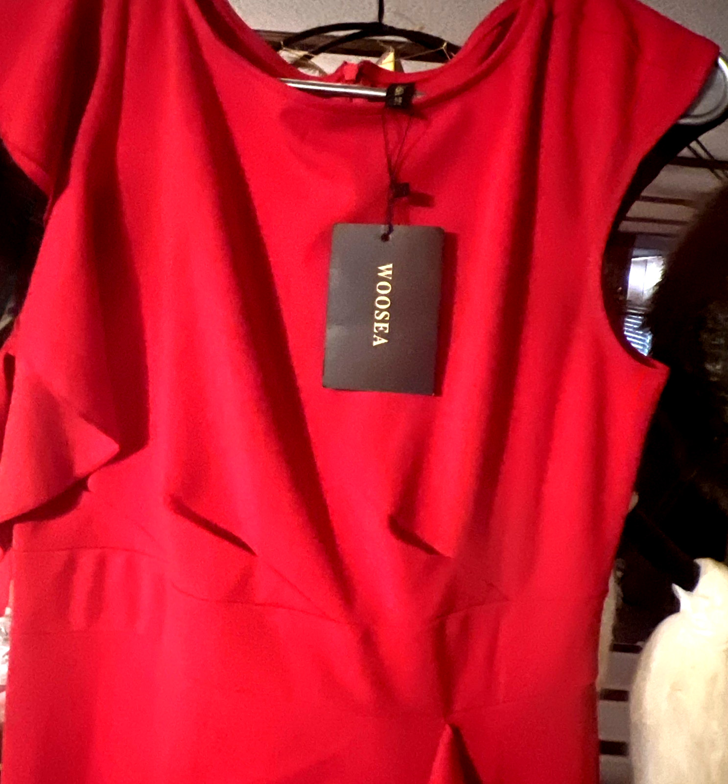Woosea Women Size L Red Formal Ruffled/Split Front Round Neck Cape Sleeve Dress