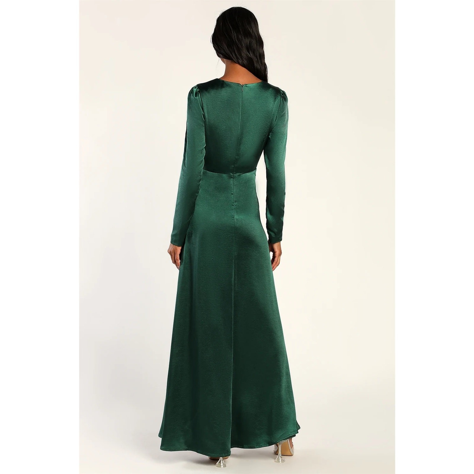 NWOT Lulus Endearing Elegance Emerald Green Satin Long Sleeve Maxi Dress Size M