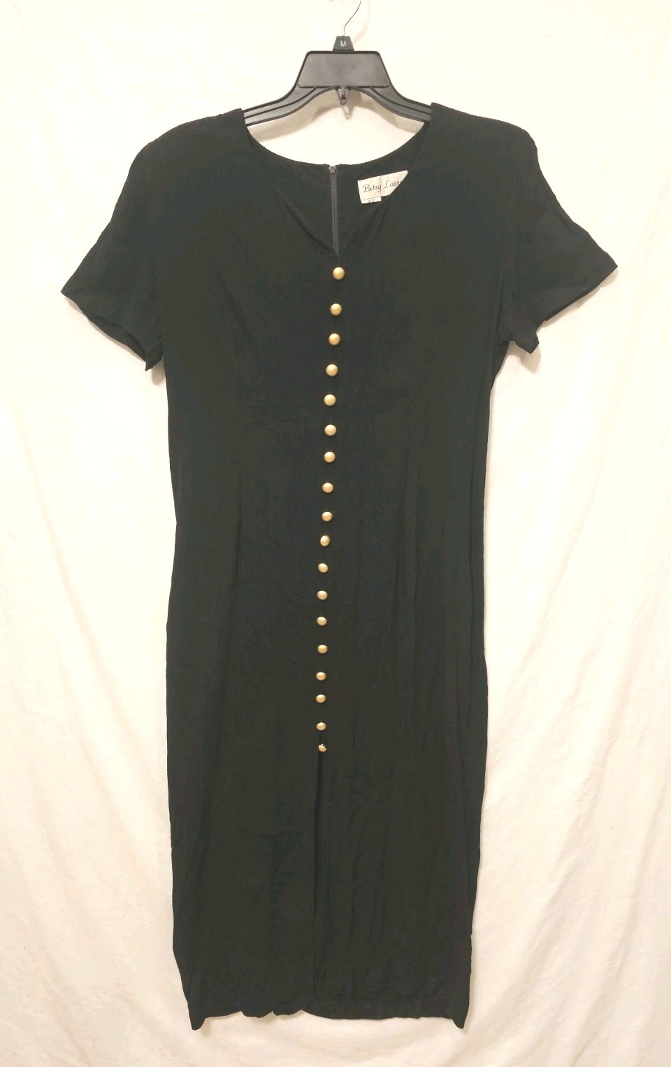 Vtg Betsy Lauren Cottagecore Blk w/Gold Buttons Midi TieBack Dress Size 11/12