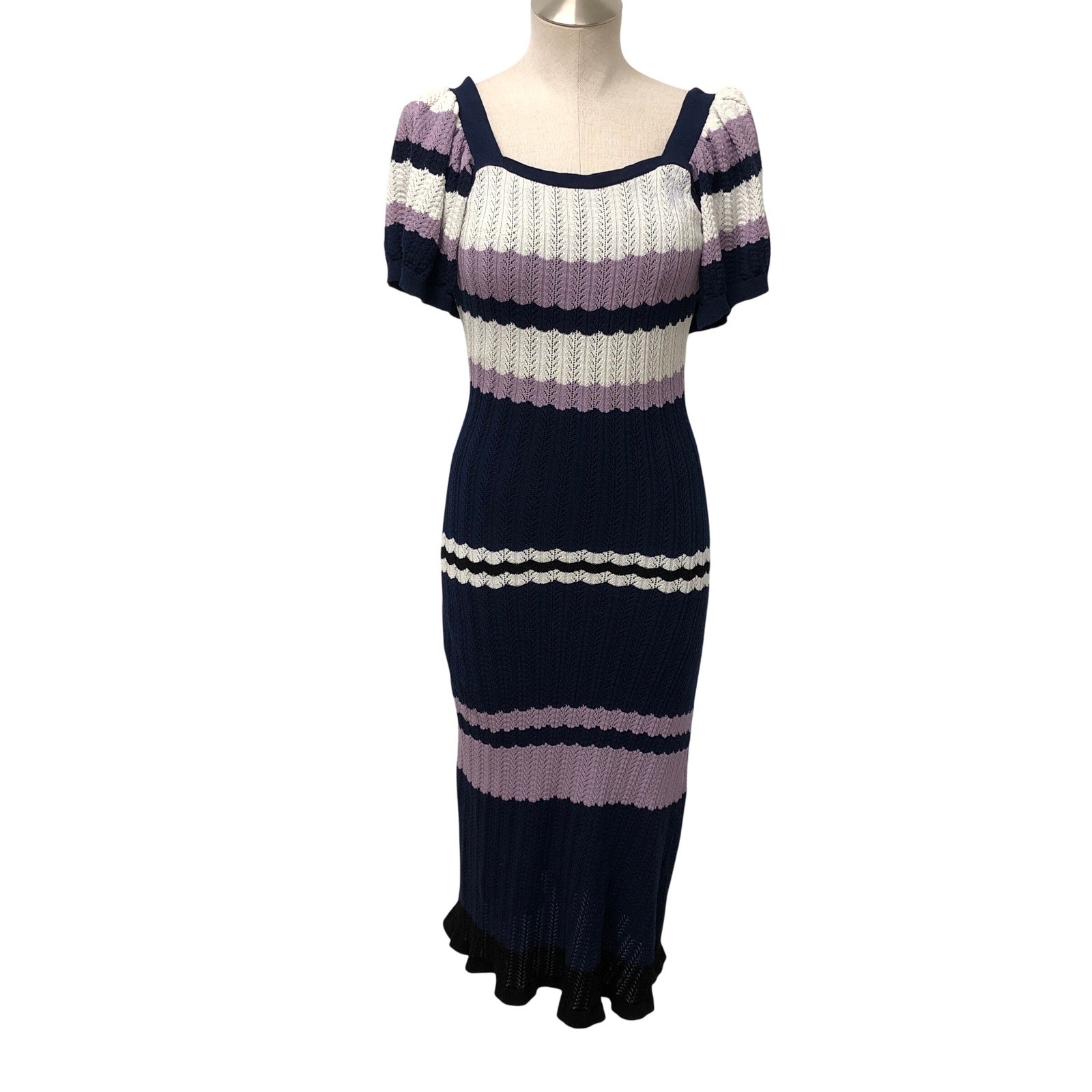 Adam Lippes Knit Midi Dress Womens Small Navy Blue White Lavender Striped Puffed