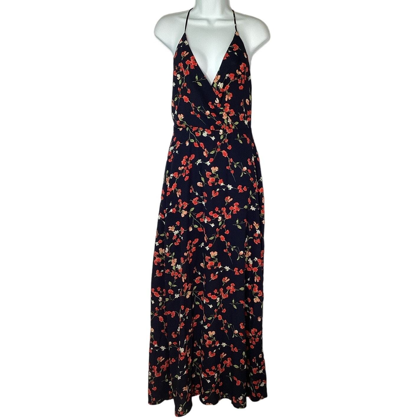 LUSH Floral Maxi Sundress Black Small Strappy V-Neck Wrap Look Side Slit Long