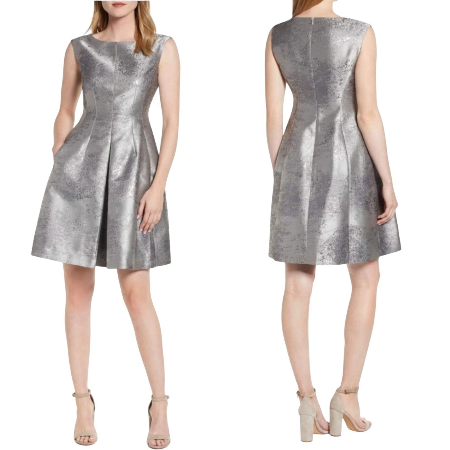 Vtg 80s Metallic Silver Textured Party HOCO Dress Sz 14 Pockets Holiday Cocktail