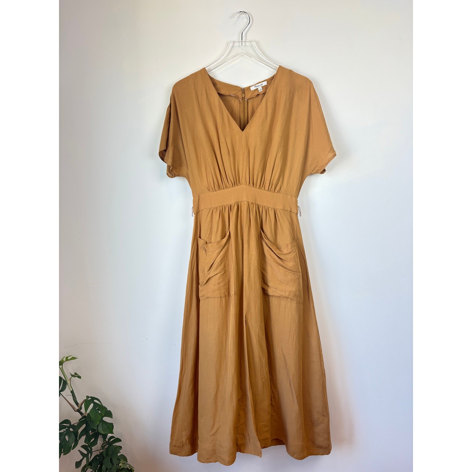 Madewell Camel Tan Linen-Blend Dolman-Sleeve Tie-Waist Midi Dress Women’s Size 4
