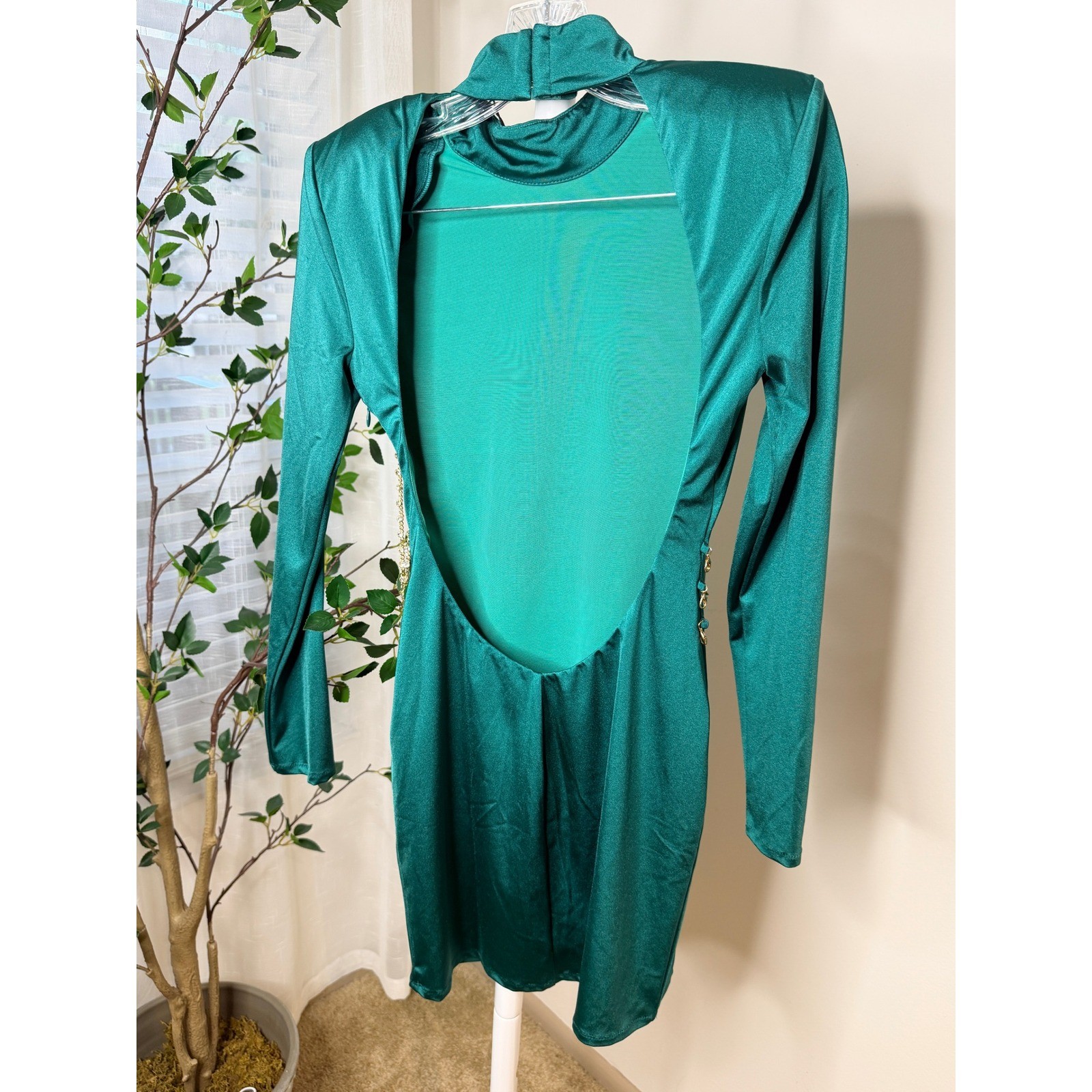 Michael Costello x REVOLVE Emerald Green Satin Open Back Chain Mini Dress Small