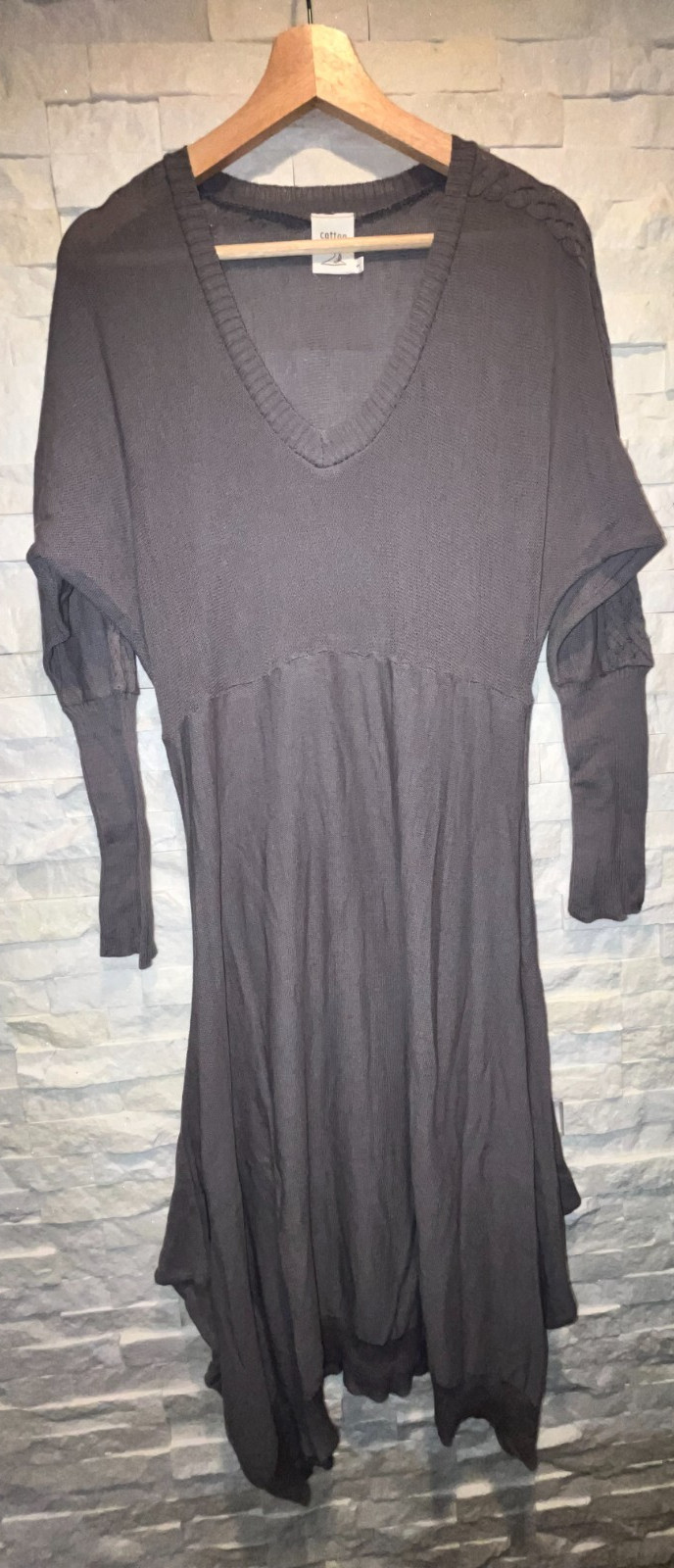 EUC Women’s COTTON Made in Israel V-Neck Sheer Swing Flare Sweater Dress Gray 1