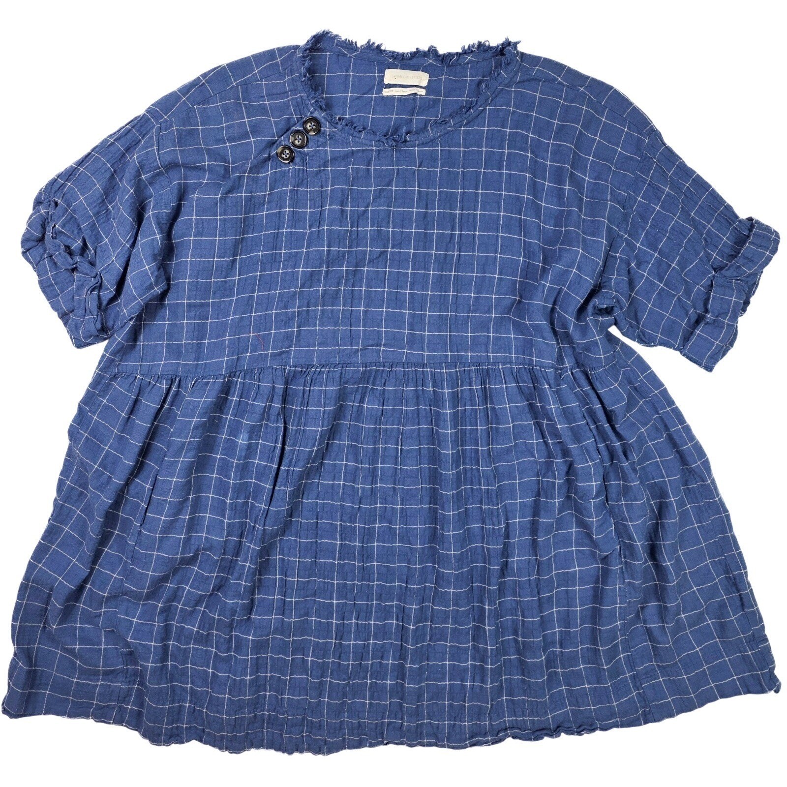 Urban Outfitters Blue Check Cuffed Sleeve Frayed Crew Neck Dress Women’s Size S