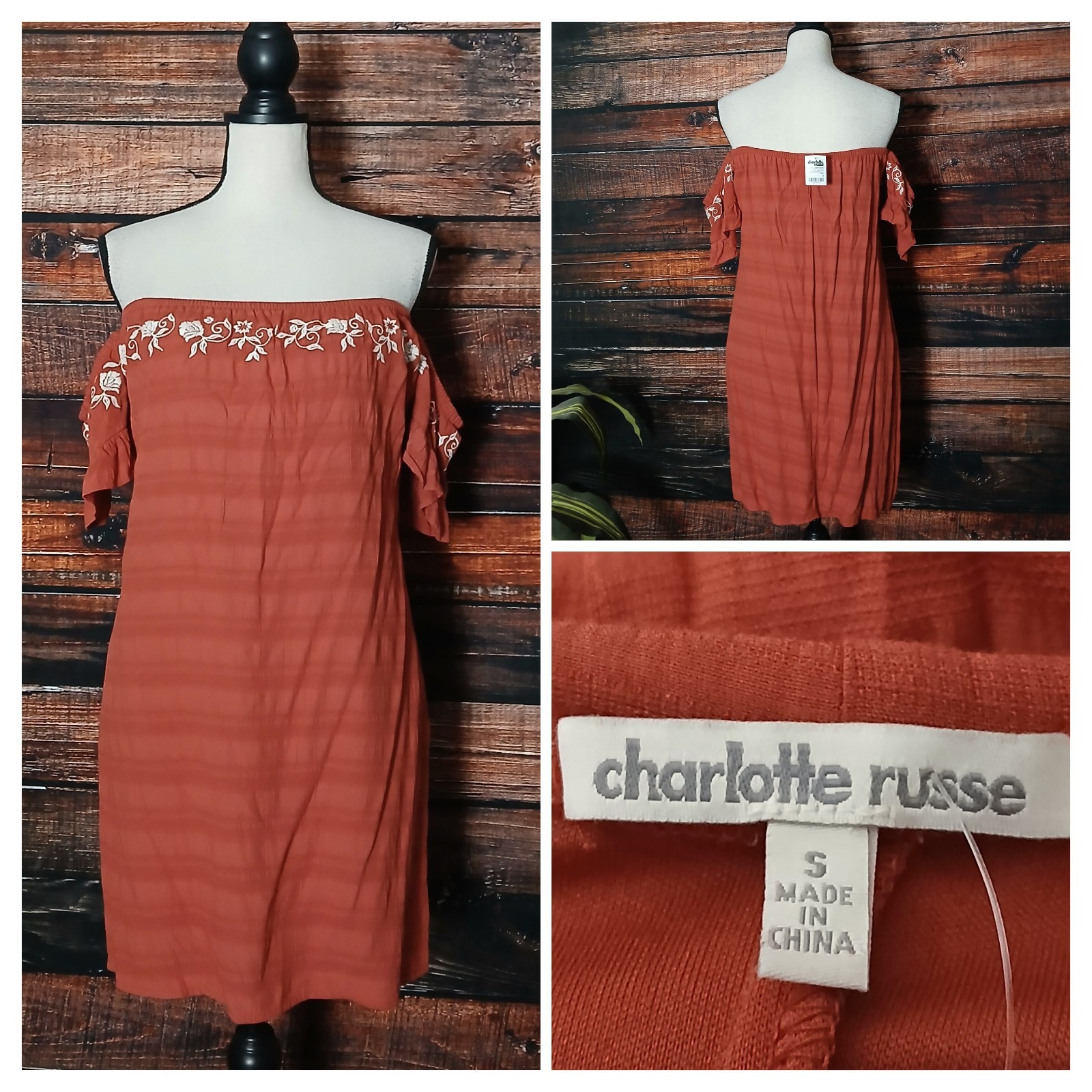 Charlotte Russe Shift Dress S Off Shoulder Clay Red Embroidered Rayon NWT