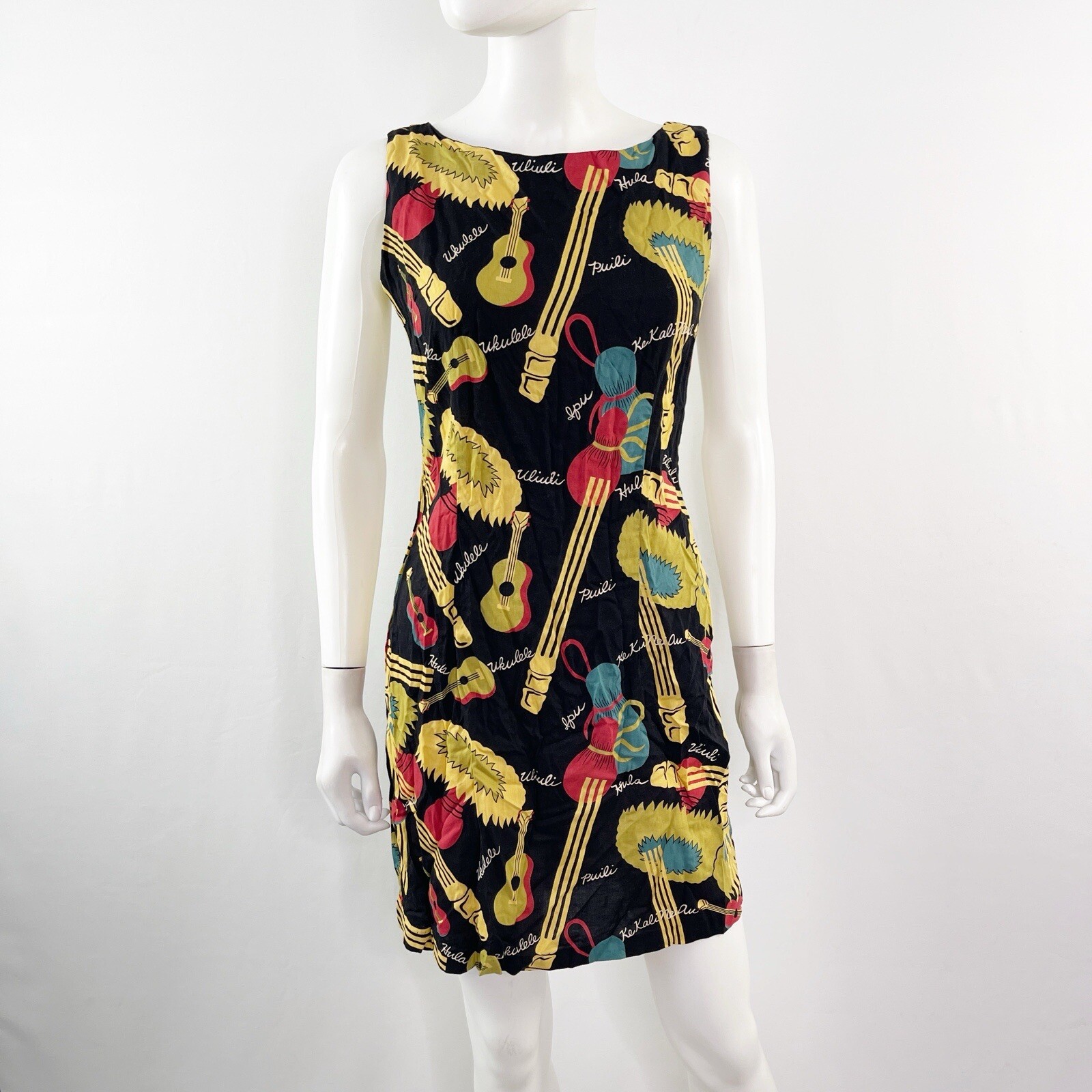 Reyn Spooner Black Hawaiian Mini Dress Size S Ukulele Print Sleeveless