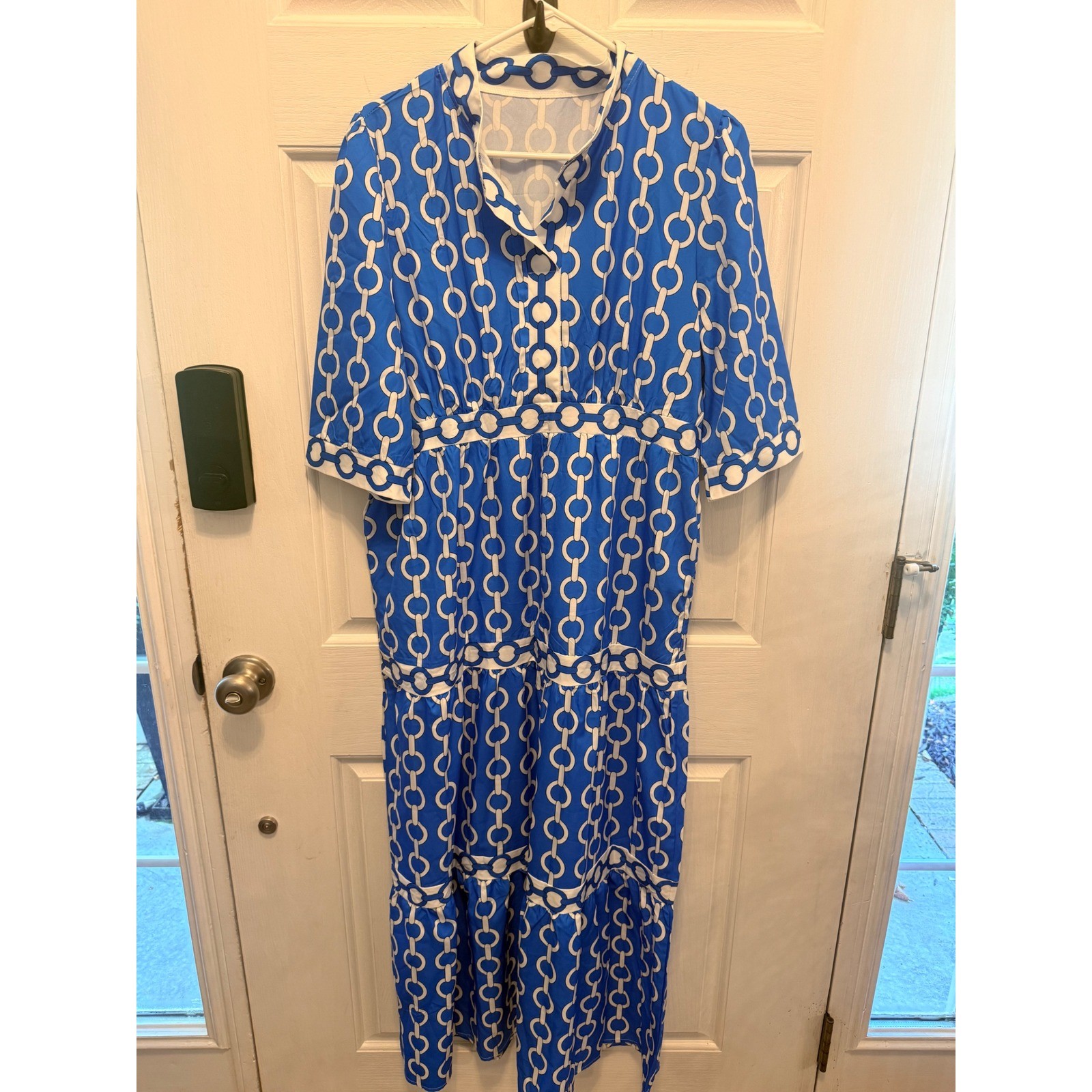 Blue White Chain Link Print Tiered Maxi Dress XL Collared Short Sleeve Geometric
