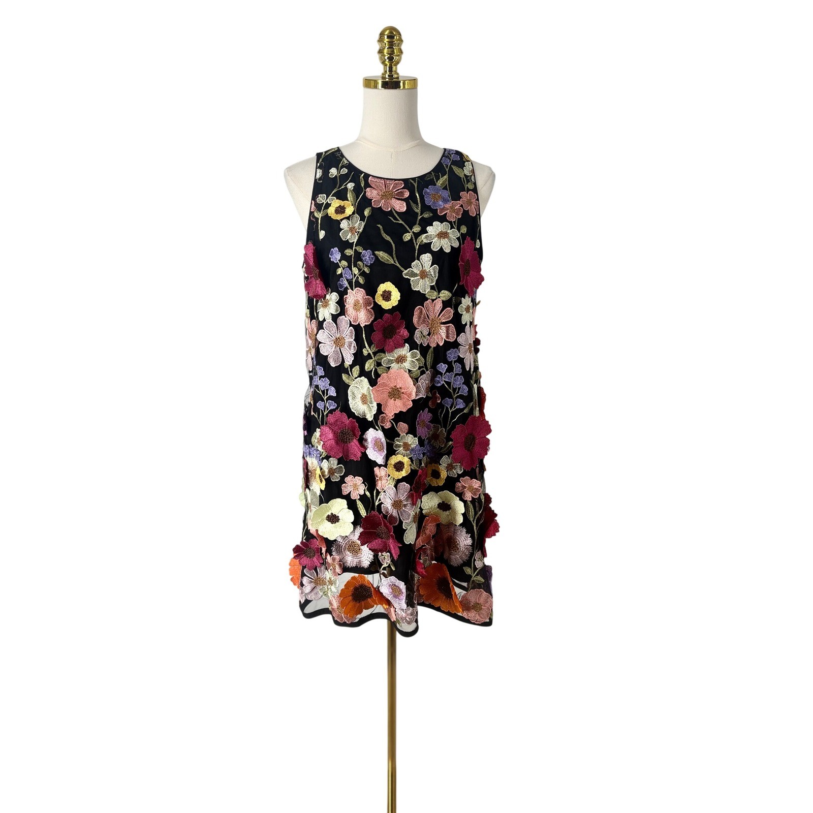 Womens Dark Fairy Floral Embroidered 3D Applique Mesh Shift Dress S Whimsical