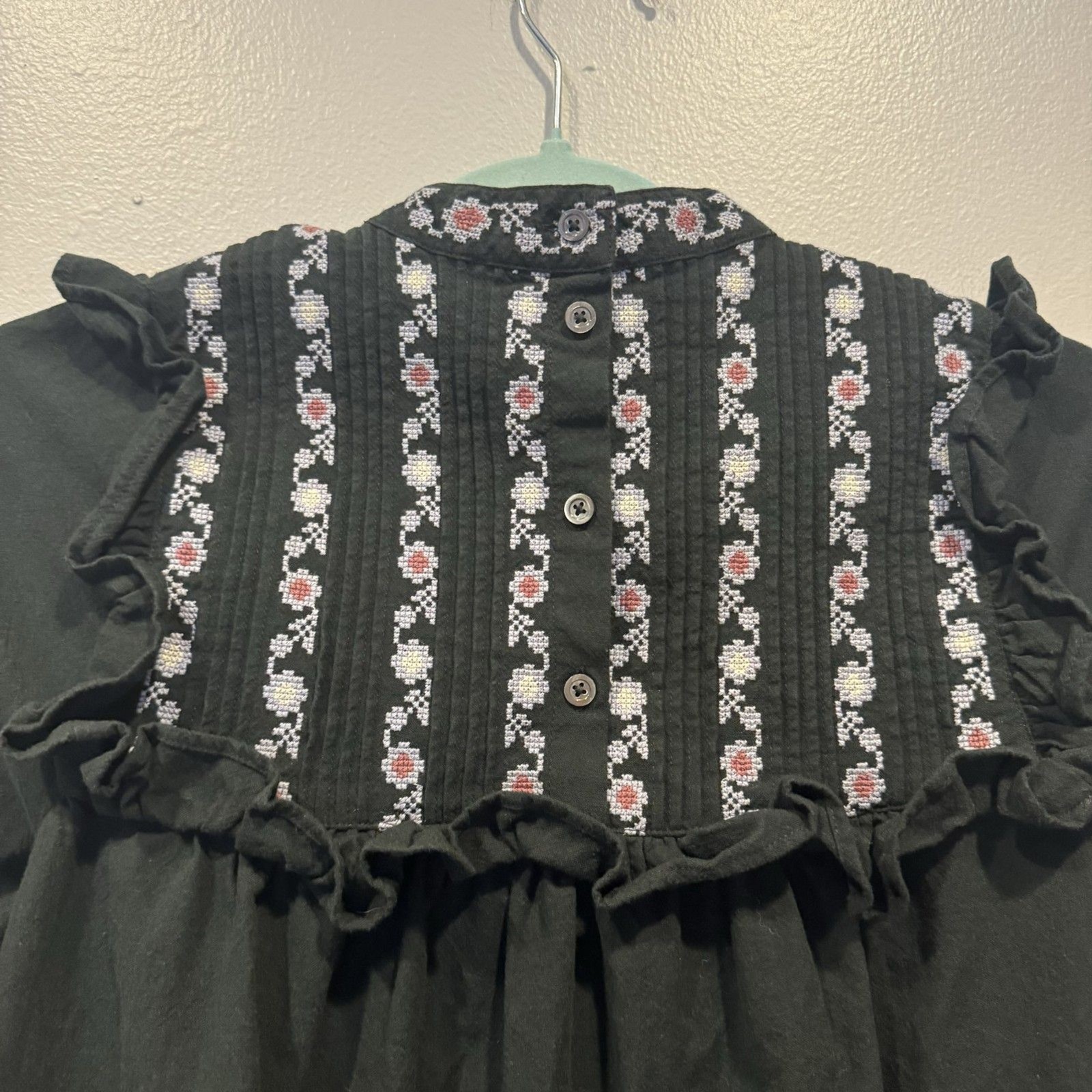 Madewell Embroidered Bib Ruffle Mini Dress Women XS Black Cotton Floral Cottage