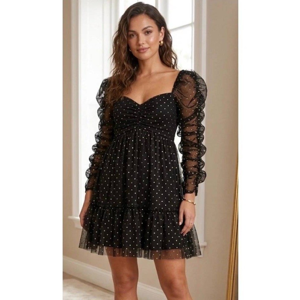 Hoco Mini Dress Women Large Black Gold Polka Dot Tulle Whimsigoth Babydoll LBD