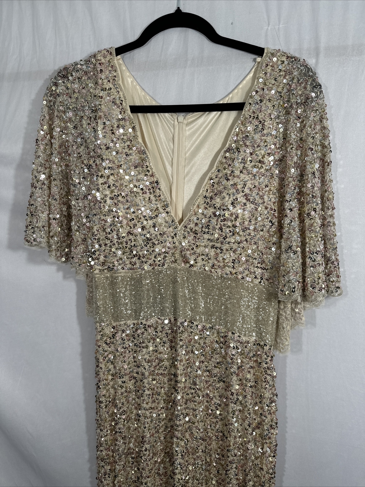 NEW $698 Mac Duggal [ 10 ] Sequined V Neck Cape Sleeve Beaded Gown Nude #Q704