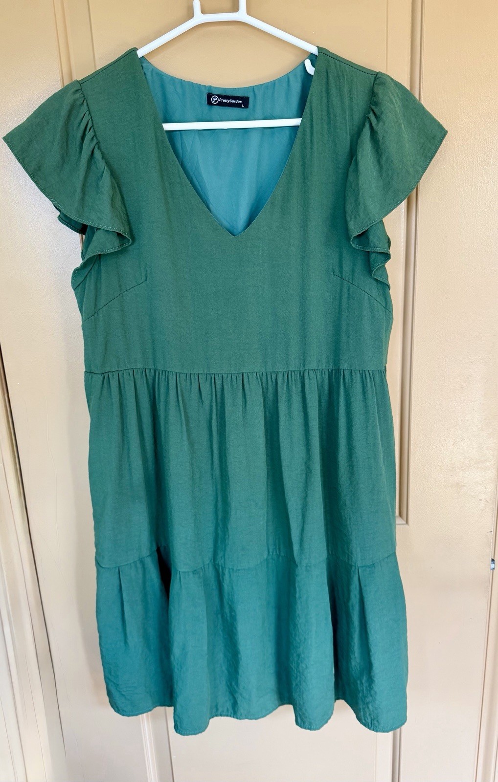 PrettyGarden Green V-Neck Flutter Sleeve Lined Woven Shift Dress L