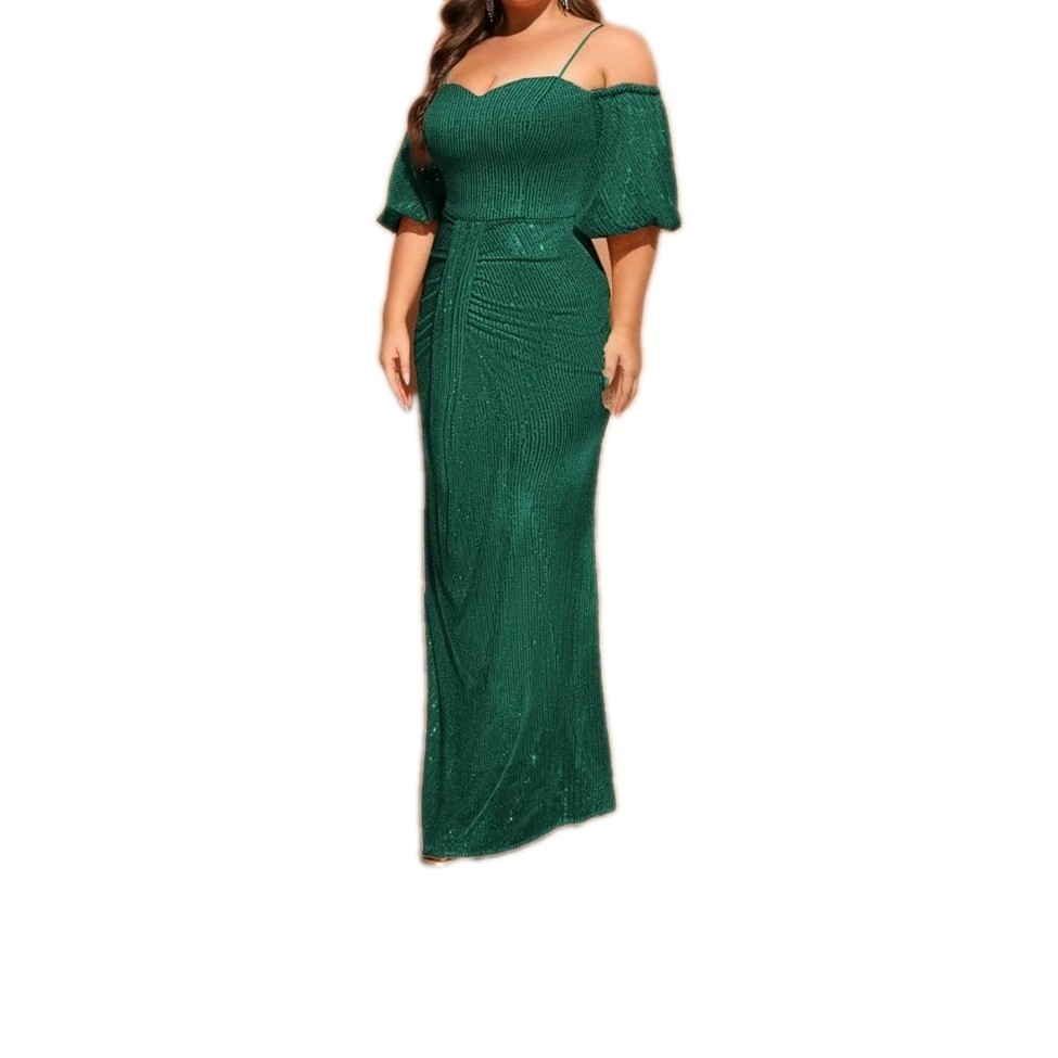 Women’s 4xl – Plus Size Off The Shoulder Puff Sleeve Dress With Sequin/ Dark Grn