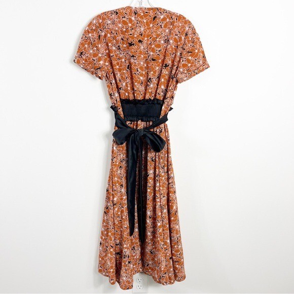 Cedric Charlier Floral Matte Satin Belted Crepe Midi Dress Size 4 Rust Orange
