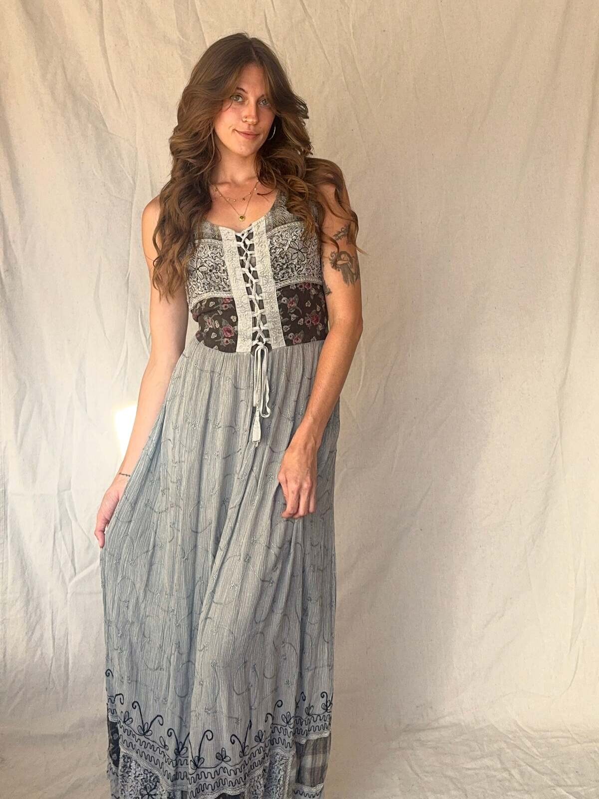 90s Grey Patchwork Whimsigoth Embroidered Fairy Maxi Dress