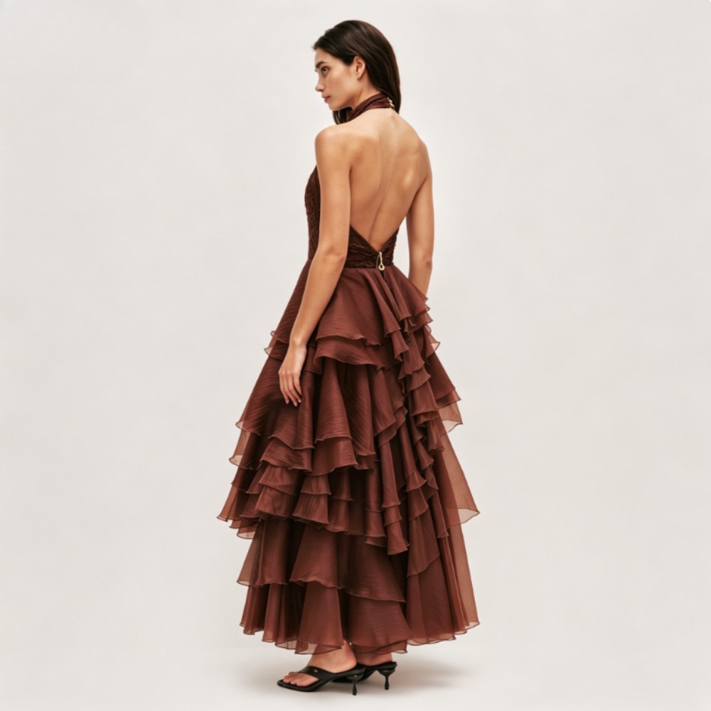 Chocolate Brown Halter Tiered Ruffled Chiffon Maxi Gowns Formal Evening Dresses