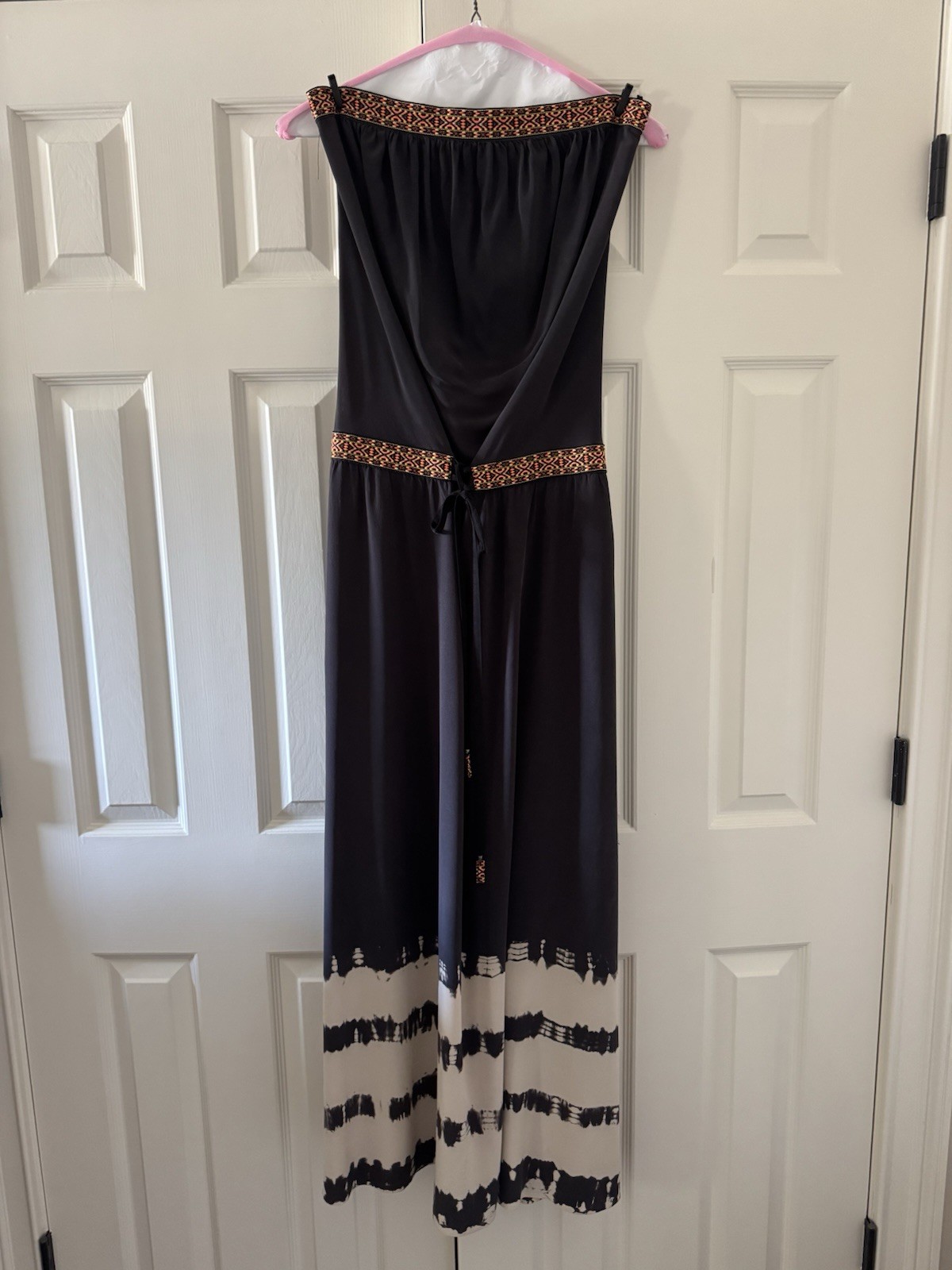 Black 100% Silk Gypsy 05 Boho Maxi Dress Tie Dye Hem Embroidered Trim Waist- Med