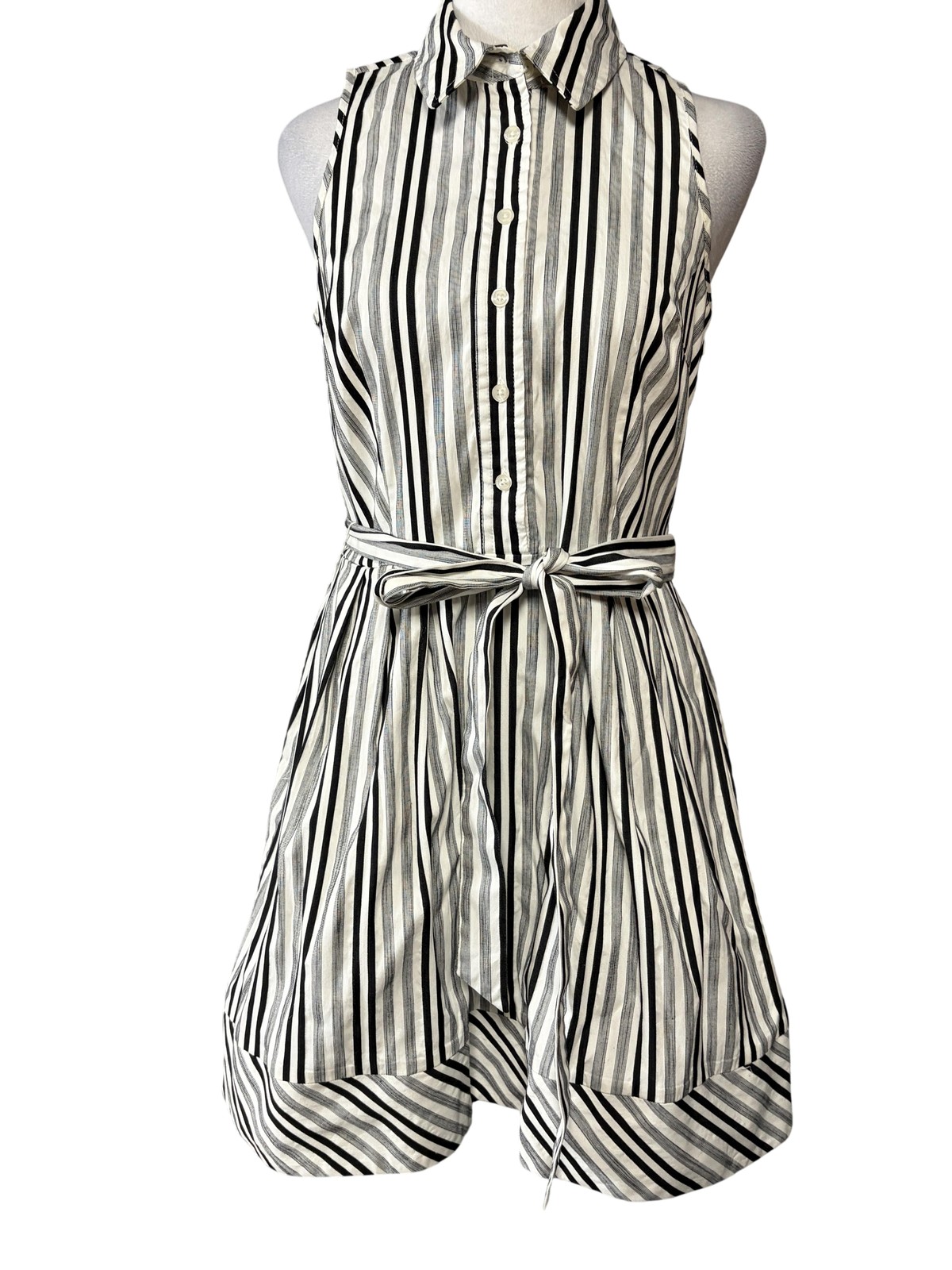 Milly Womens 6 White Striped Shirt Dress Sleeveless Belted Bubble Hem