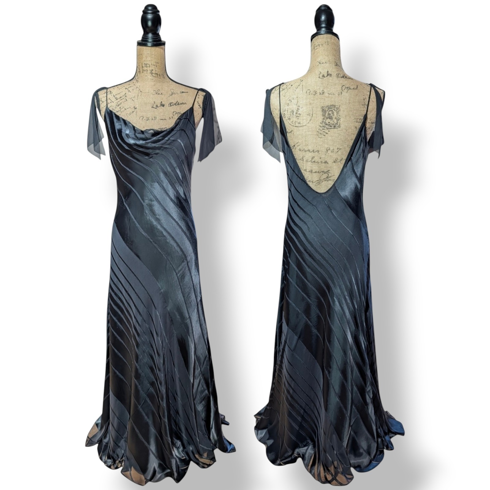 90s Y2K Monsoon Long Black Bias Cut Diagonal Burnout Out Dress UK 12/14 (US 10)