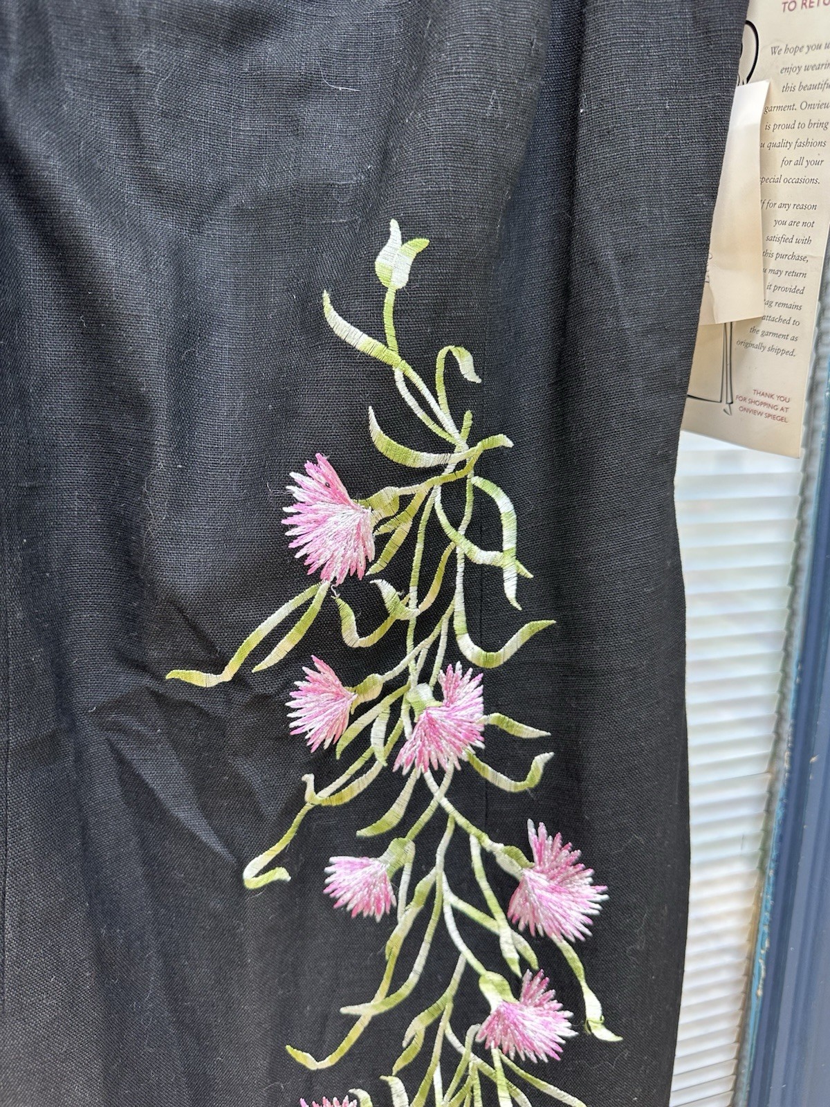 Vintage nwt linen cotton skinny strap fitted size 8 dress flower embroidery