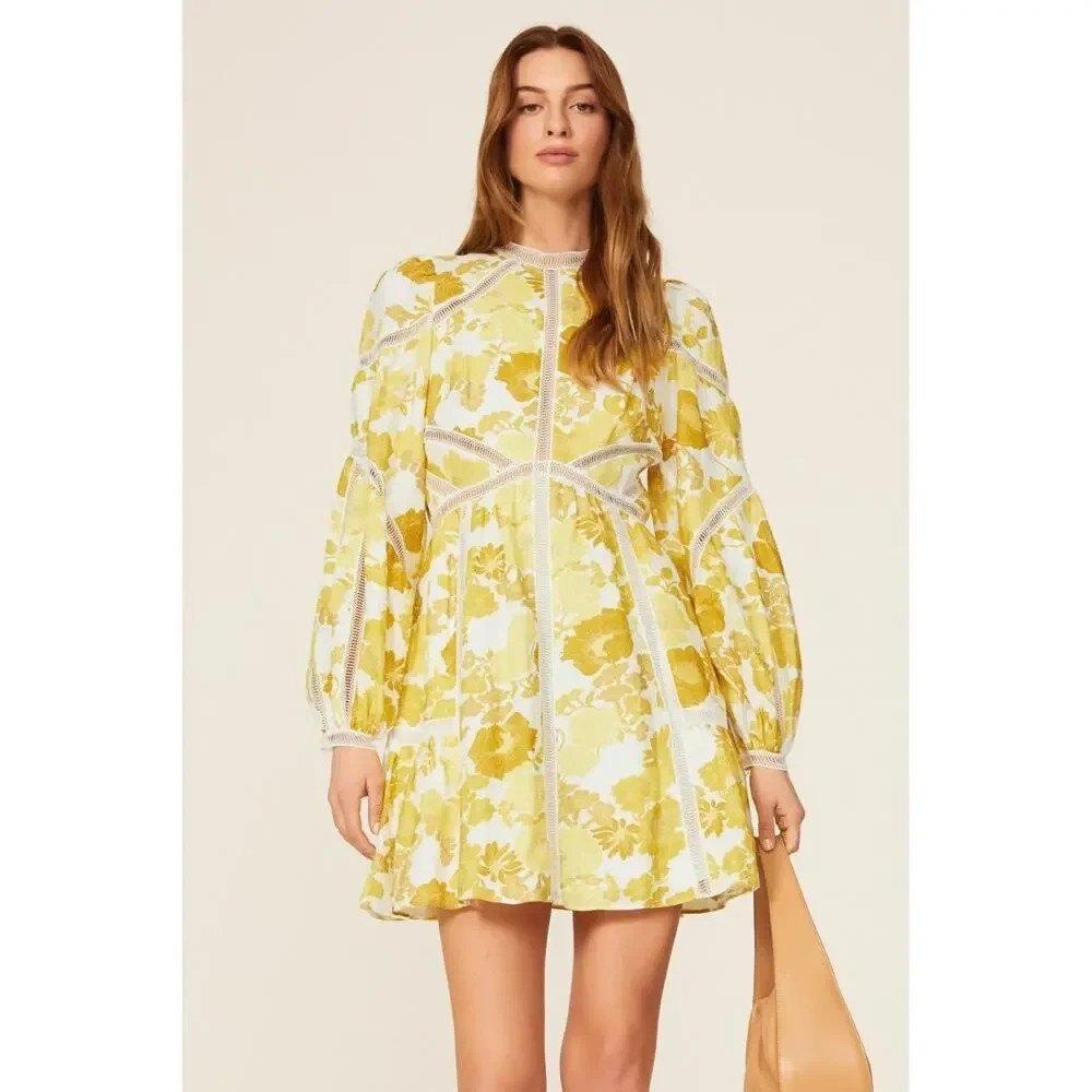 Ted Baker Cornila Yellow White Floral Linen Mini Dress Size 4