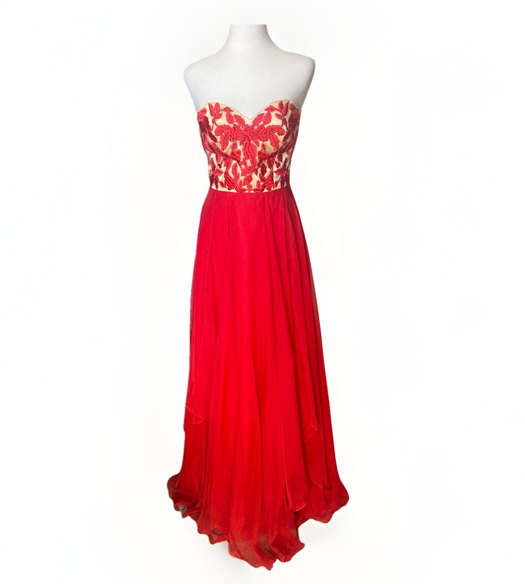 Sherri Hill 1924 Red Gold Embroidered Prom Dress Size 2 Gown Chiffon SHIPS ASAP