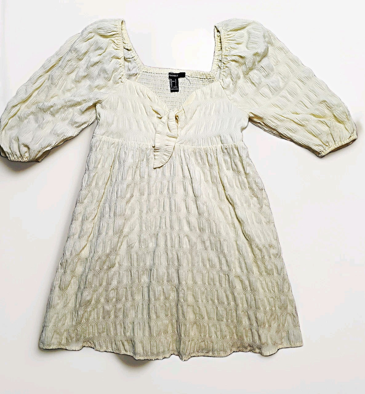 Forever 21 White Smocked Puff Sleeve Square Neck Mini Dress S Button Front