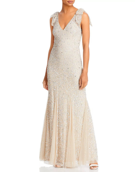 Aidan Mattox Beaded Bow-Shoulders Godet Gown Women’s 2 Champagne Zipper Closure